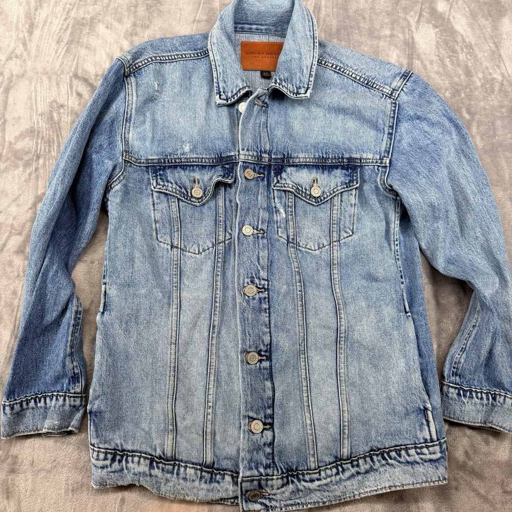 Lucky Brand Boyfriend Denim Trucker Jacket Womens S/P‎ Distressed Inside Pockets